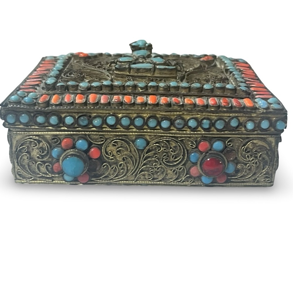 Vintage Tibetan Brass Turquoise Coral Inlay Hinged Prayer Box - Picture 2 of 6